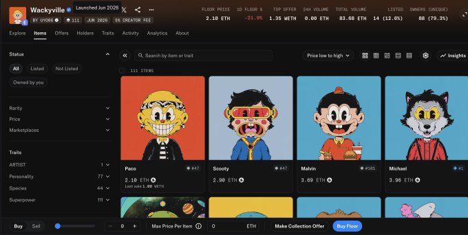 A screenshot of the OpenSea NFT marketplace showing the 'Wackyville' collection, with items listed at prices around 2.10 to 3.69 ETH.