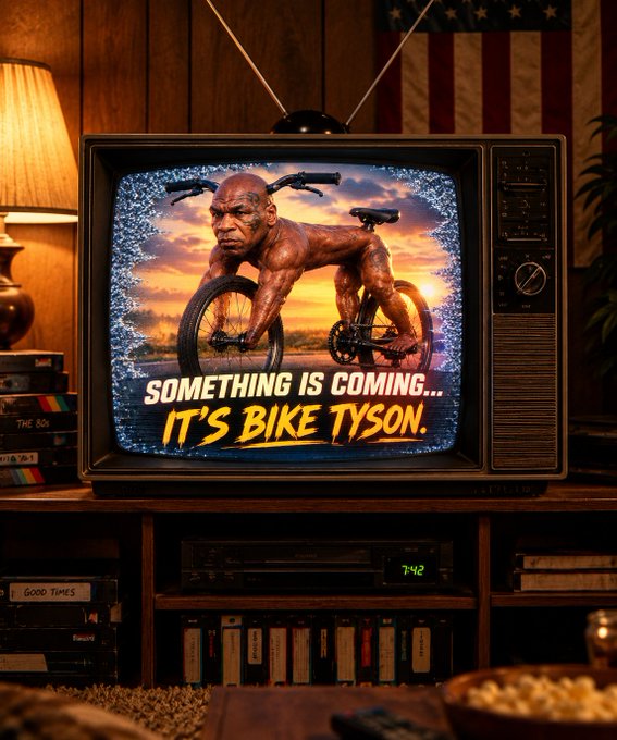A retro television set displaying an image of Mike Tyson riding a bicycle with the text 'SOMETHING IS COMING... IT'S BIKE TYSON.', surrounded by VHS tapes in a dimly lit room.