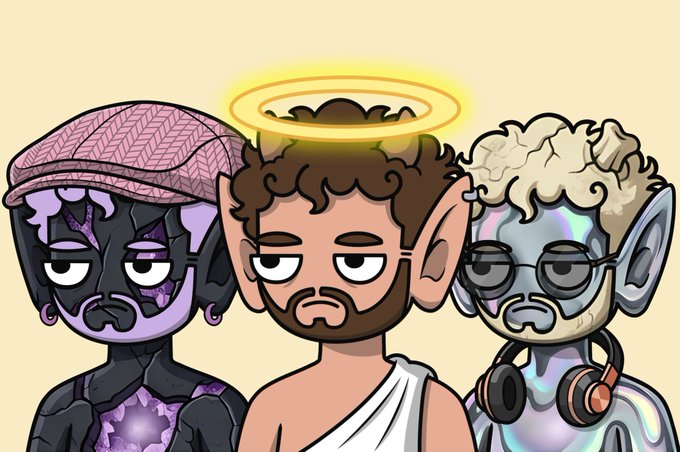 A cartoon-style illustration features three NFT-style characters: a purple-skinned figure in a flat cap on the left, a brown-haired character with a golden halo and toga in the center, and a silvery-blue creature with curly white hair, glasses, and headphones on the right. The image ties to the post's promotion of "Faunz," an NFT collection launching 1,111 unique characters, with the diverse characters representing potential members of the upcoming "wild" release.