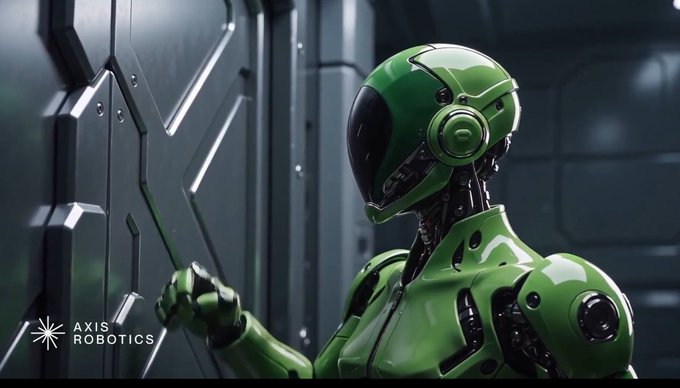 A green humanoid robot with a sleek helmet stands before metallic panels, with text reading 'AXIS ROBOTICS' in the corner.