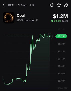 A mobile screenshot shows the token "Opal" (ticker "OPAL") trading at $1.2M with a 30.8% gain over 24 hours on a crypto tracking app. The accompanying price chart visually confirms the recent sharp upward spike referenced in the post claiming "$OPAL has pumped 31% today!"