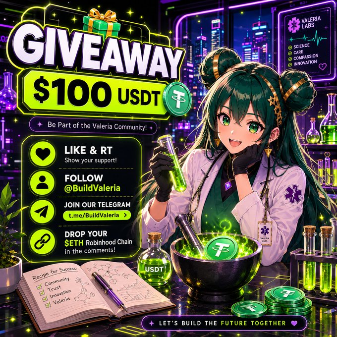 An anime-style giveaway graphic advertises a '$100 USDT' prize from Valeria Labs, featuring a green-haired character in a lab coat holding a test tube, with instructions to like, retweet, follow @BuildValeria, join Telegram, and drop ETH addresses.