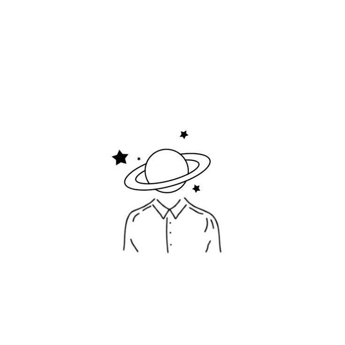 A minimalist black-and-white line drawing of a figure with a planet for a head surrounded by stars.