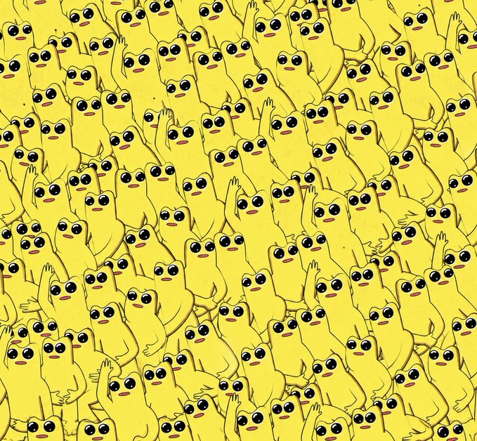 An illustrated artwork featuring a dense, repeating pattern of yellow cartoon frogs with large black eyes and pink mouths, all packed tightly together to fill the entire frame.