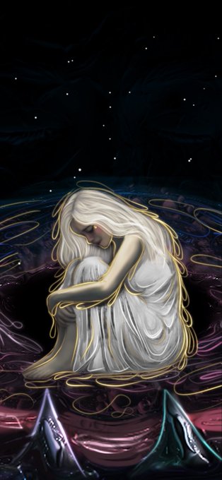 A digital illustration of a sorrowful white-haired figure in white robes curled up beneath a starry night sky, wrapped in flowing golden strands of hair or energy.