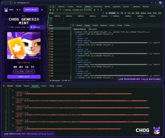 A screenshot showing the Chog Genesis Mint website on Monad (CHOG) with developer tools displaying live frontend RPC calls and JSON response payloads.