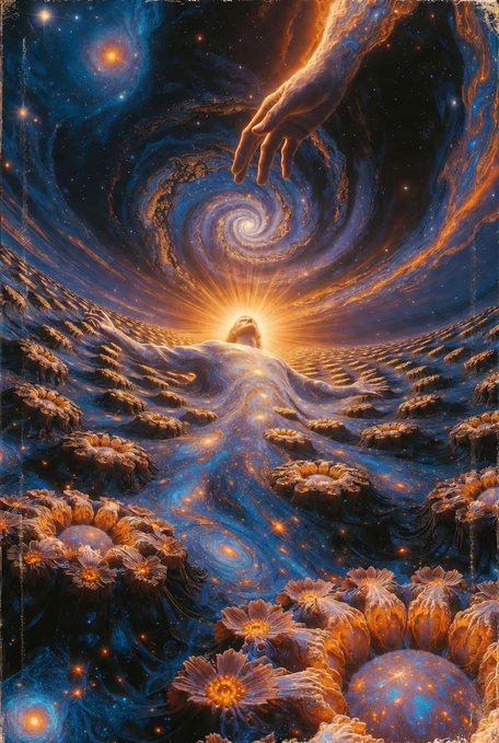 A highly detailed cosmic illustration depicts a swirling, blue and orange galaxy with a large hand reaching down from the top, a bright glowing figure emerging from the center, and large blooming flowers filling the foreground landscape.
