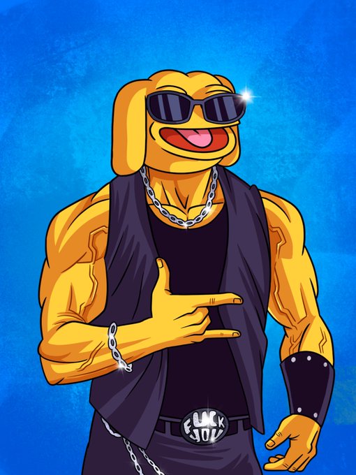A cartoon illustration of a muscular yellow dog character wearing black sunglasses, a silver chain necklace, a black vest, and a belt buckle reading 'JUNK JOE' against a blue background.