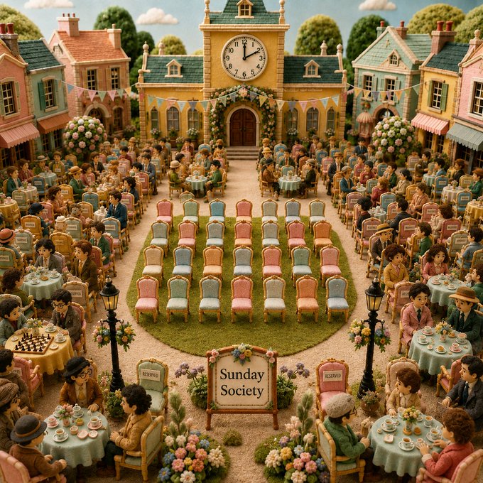 A whimsical, detailed illustration of a 'Sunday Society' outdoor gathering with villagers seated at tables surrounding empty rows of pastel-colored chairs in a courtyard.