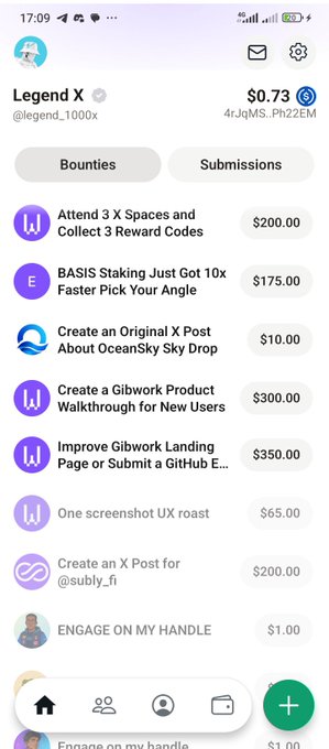 Mobile app screenshot showing a user profile for 'Legend X' (@legend_1000x) with a balance of $0.73, displaying various bounties and submissions with payouts ranging from $1.00 to $350.00.