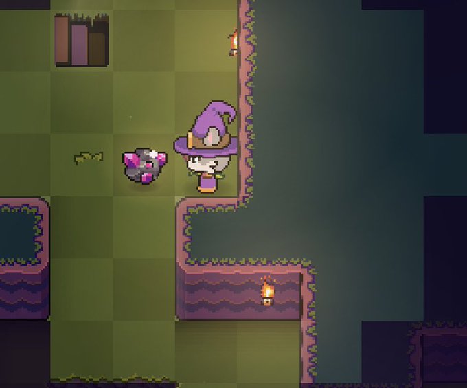 A pixel art video game screenshot featuring a character with a purple hat and cape standing near a cliff edge, accompanied by a small dark creature, set in a green and purple cave-like environment.