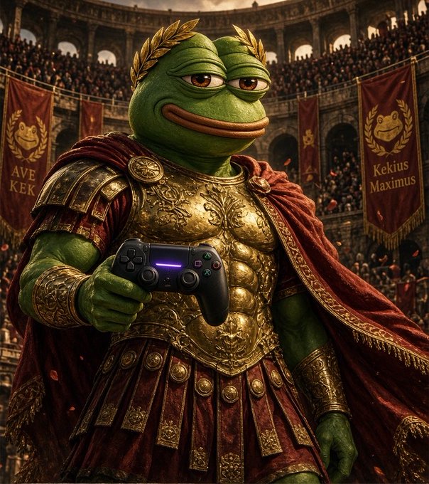 A digital artwork of a Pepe the Frog character dressed as a Roman gladiator in ornate golden armor and a red cape, holding a PlayStation controller in a colosseum arena with banners reading 'AVE KEK' and 'Kekius Maximus'.