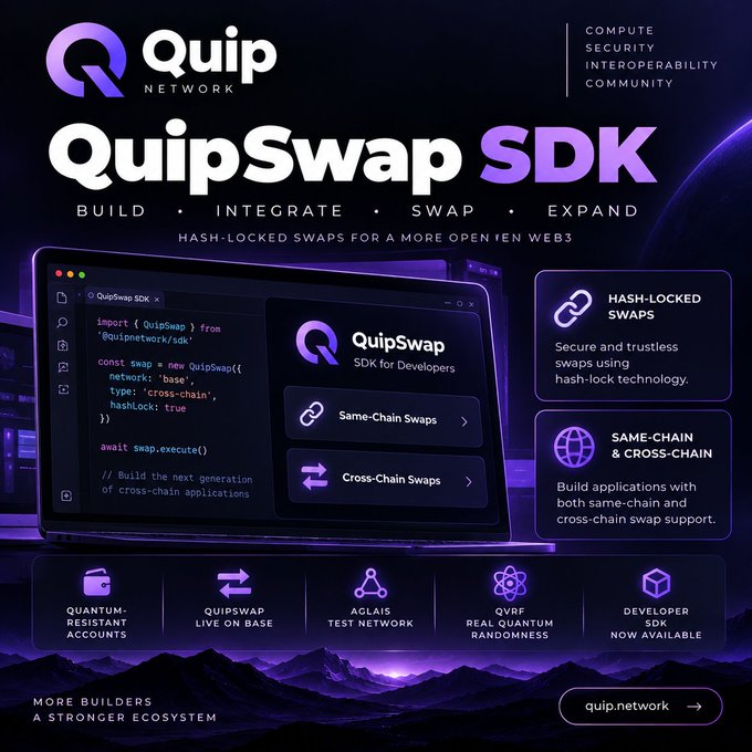 A promotional graphic for the 'Quip Network' announces the 'QuipSwap SDK' for building cross-chain applications with hash-locked swaps.