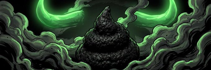 A towering pile of feces sits centered against a swirling green and black smoky backdrop, with glowing green crescent horns framing the scene like menacing eyes. The crude, cartoonish artwork serves as the official banner for the Solana meme token $BULLSHIT, embracing the self-deprecating humor the name suggests.