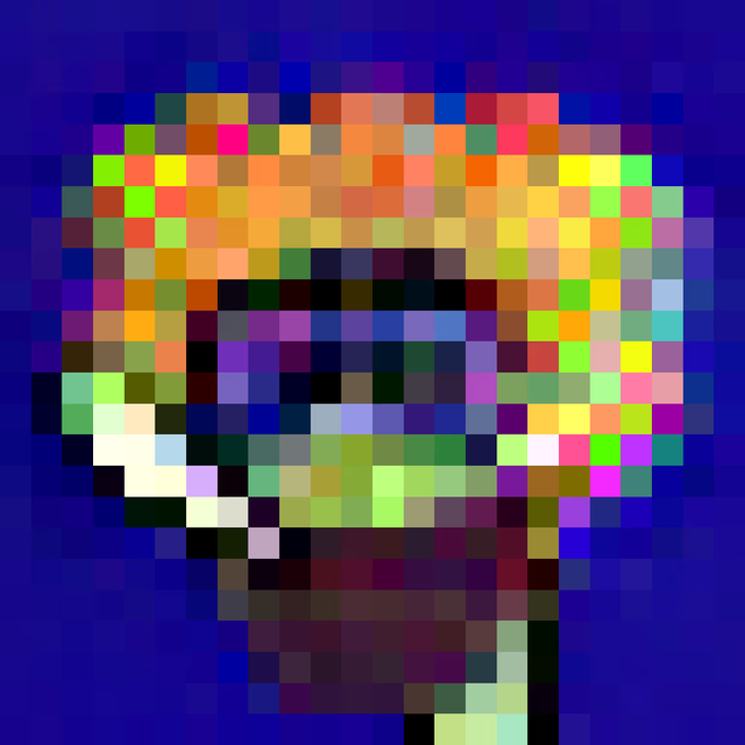 A pixelated, colorful abstract image with a dark blue/purple background showing a cluster of multicolored pixels in the center.