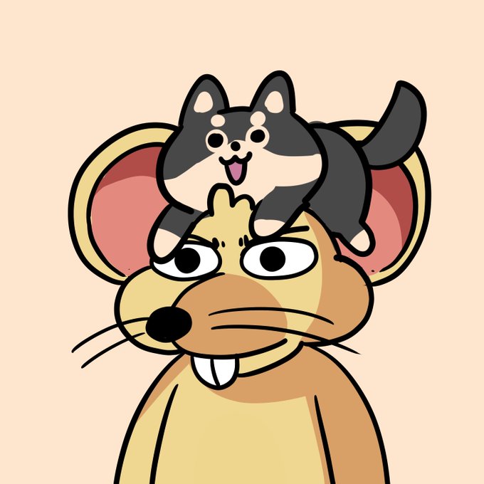 A cartoon illustration of a small gray and tan Shiba Inu dog riding on the head of a larger, grumpy-looking mouse or rat character.