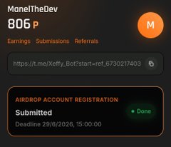 A user profile for "ManelTheDev" displays 806 points (P) with tabs for Earnings, Submissions, and Referrals, along with a referral link to t.me/Xeffy_Bot and a submitted "Airdrop Account Registration" marked as Done, supporting the post's claim of 806 points and 700 referrals on the Xeffy airdrop.