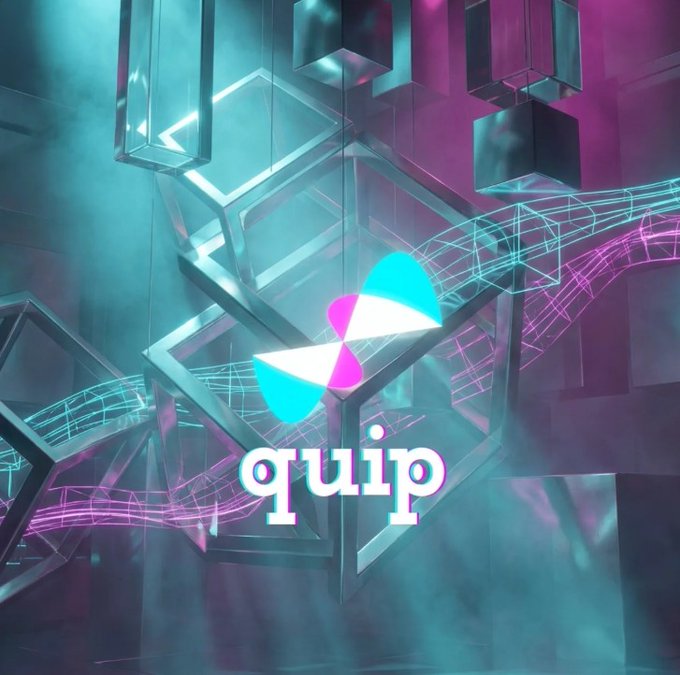 The image features a futuristic scene with a large number of metallic cubes suspended in mid-air, creating an abstract pattern that appears to be floating or hovering above the viewer's head. The cubes are arranged in various shapes and sizes, giving the impression of a complex network of interconnected structures. In the center of this captivating display is a logo for Quip, which is a company known for its innovative approach to technology and energy management. The logo consists of two blue circles connected by a line, with the word "quip" written in white letters below it. This logo represents the company's mission to harness the power of quantum computing and convert waste into usable computing muscle through pouw tech.