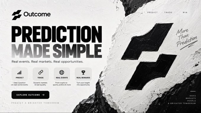 A marketing banner for 'Outcome' featuring the bold text 'PREDICTION MADE SIMPLE' with icons for Predict, Trade, Real Events, and Real Rewards.