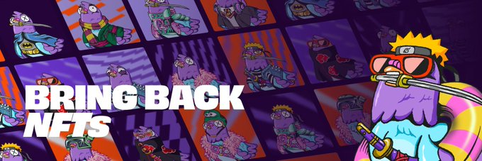Stylized purple characters in grid panels with bold text 'BRING BACK NFTS' and a cartoon character wearing orange ski goggles on the right.