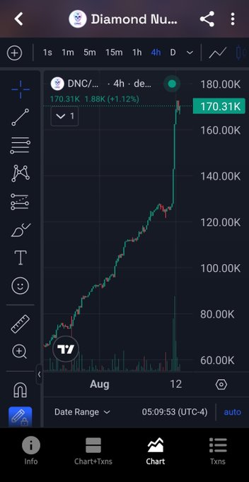 A cryptocurrency trading chart showing "Diamond Num..." (DNC) with a price of 170.31K, displaying an 1.12% increase on a 4-hour timeframe.