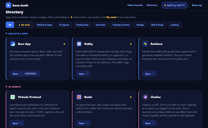 A screenshot of the base.tools Directory webpage displaying categorized cards for various Web3 apps including Base App, Rabby, Rainbow, Virtuals Protocol, Bankr, and Clanker.