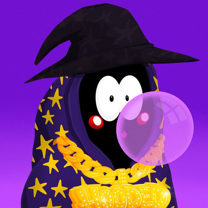 A cartoon character wearing a black wizard hat and a star-patterned robe, blowing a large pink bubble gum bubble while wearing a gold chain that reads 'HOODL'.