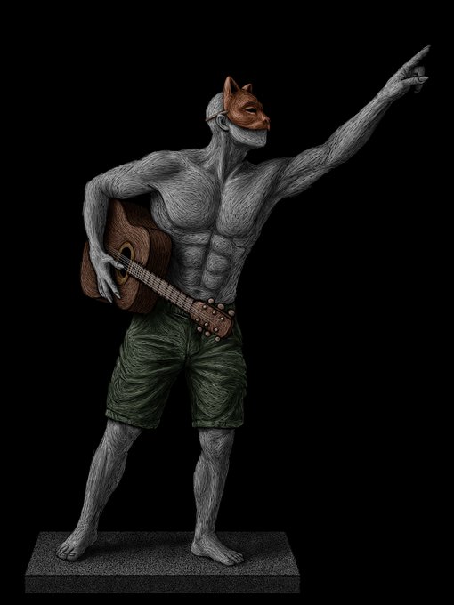 A 3D-rendered or sculpted figure of a muscular, fur-textured humanoid wearing a fox mask, green shorts, and holding an acoustic guitar while pointing outward against a black background.