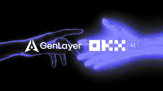 The image showcases logos for "GenLayer" and "OKX AI" alongside a blue pixelated handshake graphic against a black background, visually symbolizing the partnership between GenLayer and OKX to bring AI-powered prediction markets to life. The handshake imagery reinforces the post's message of collaboration, while the dual branding highlights GenLayer's MicroMarkets agent being integrated with OKX's platform.