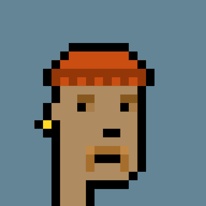 A pixel art illustration of a character's head and neck with an orange bandana, a yellow earring, and a neutral expression against a blue background.