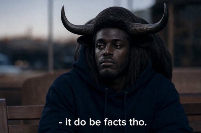 A man wearing a hoodie and a buffalo/longhorn horn hat sits on a bench with a serious expression, captioned "- it do be facts tho." The image visually emphasizes the post's statement, using the deadpan, authoritative expression of the horn-helmeted figure to underscore the factual claim about the $ANSEM wallet receiving zero funds.