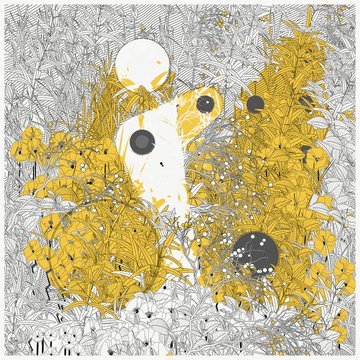 An abstract illustration featuring a white figure with large eyes and a red mouth, surrounded by yellow and black line-drawn patterns of flowers and shapes.