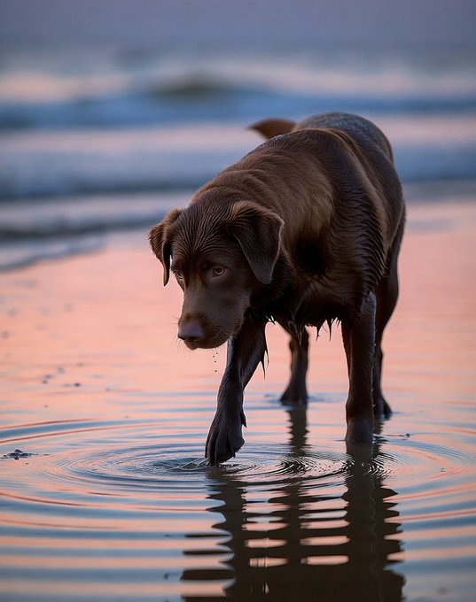 A photograph of a wet brown Labrador dog walking through shallow water at a beach during sunset, creating ripples in the reflective water.