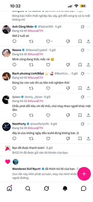 A Twitter/X post by @AzuraETH displays a $452.14 USD transfer received into their account, with replies from users like @Vairal365, @NeoneCryptoX, @BachLin, @only_dylan, @nextfortyVN, and @WandererEvilRye discussing Azura's earnings, seemingly tying to the context of Lark's underwhelming returns and tightening of the final rounds.