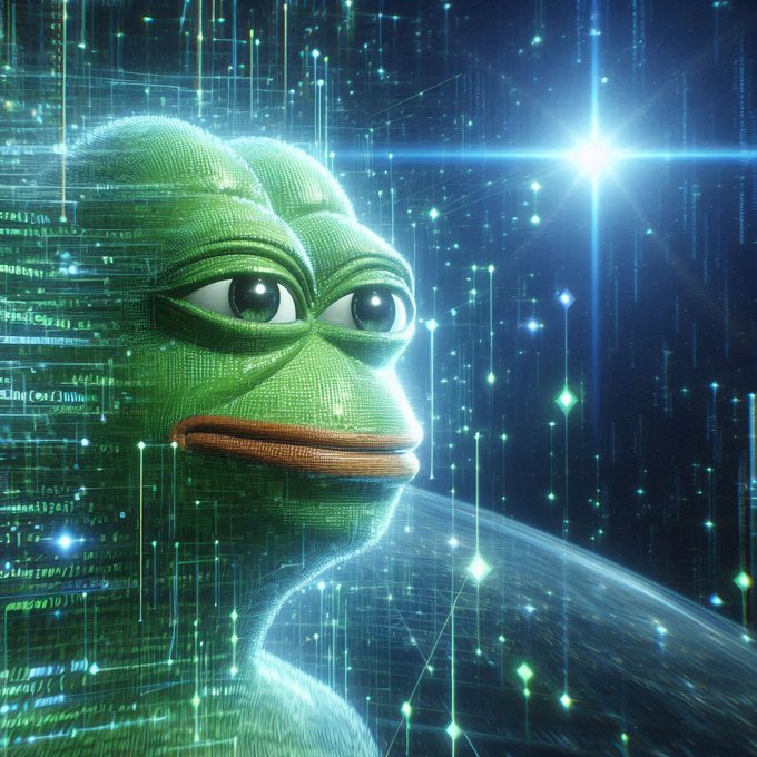 A stylized digital portrait of a Pepe the Frog character made of glowing green pixelated textures against a starry blue space background.