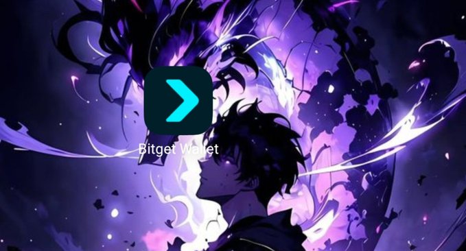 The image features the Bitget Wallet logo prominently displayed against an anime-style artwork with a dark, purple cosmic background. The sleek wallet branding pairs well with the post's declaration of "0 haters," using the dramatic visual aesthetic to convey confidence and bold self-promotion.