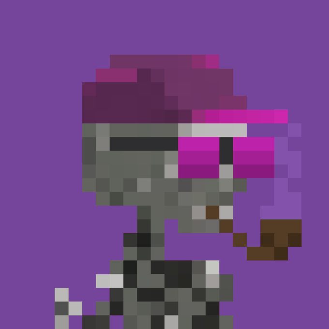 Pixel art style character portrait featuring a figure with purple and pink hair wearing goggles and mechanical gear, set against a solid purple background.