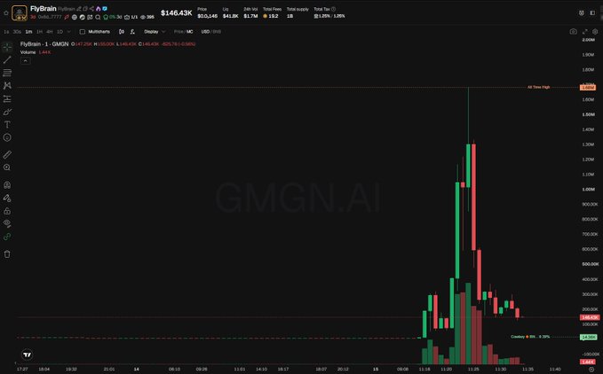 A trading chart on GMGN.AI shows the FlyBrain (GMGN) token on BSC experiencing a dramatic vertical spike from around 20K to a peak near 1.45M before sharply crashing back down, visually illustrating the 200x surge and subsequent 10x collapse described in the post following CZ's mention of the Fruit Fly memecoin.