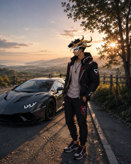 An AI-generated image of a person with golden horns and a mask standing next to a black Lamborghini on a mountain road at sunset, with scenic views of a town and lake below.