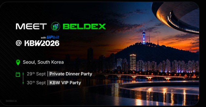 A promotional banner reads 'MEET BELDEX with UPbit @ KBW2026' in Seoul, South Korea, listing a Private Dinner Party on 29th Sept and KBW VIP Party on 30th Sept against a Seoul skyline backdrop.