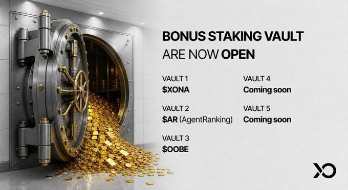 The image features a large, shiny gold-colored vault door that has been opened, revealing an abundance of gold coins spilling out onto the floor. The text "bonus staking vault are now open" suggests that this new development is related to the opening of bonus staking vaults in the cryptocurrency world. The post also mentions that there will be more information about these vaults and their features soon.