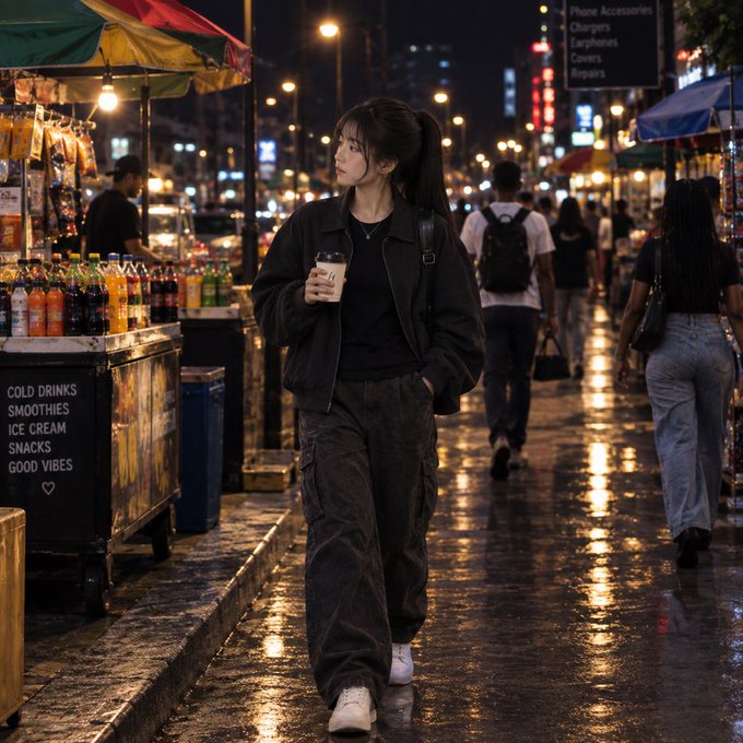 A young woman walks through a vibrant night market holding a coffee cup, surrounded by illuminated street vendor stalls and city lights reflecting on the wet pavement.