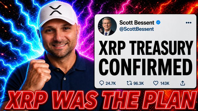 The image is a YouTube-style thumbnail featuring David Schwartz, the CTO of Ripple, smiling and pumping his fist against a vibrant cosmic background. Next to him is a fake tweet from "Scott Bessent (@ScottBessent)" declaring "XRP TREASURY CONFIRMED" with engagement metrics of 24.7K comments, 96.3K retweets, and 143K likes. Bold red text at the bottom reads "XRP WAS THE PLAN."

The image relates to the post by visually amplifying its XRP bullish narrative—linking the Scott Bessent tweet reference to Wall Street bond buybacks and a looming September 10th catalyst, suggesting XRP was always positioned as the crypto beneficiary of US fiscal policy shifts.