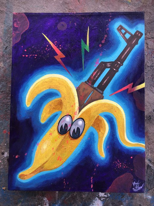 A colorful painting of an anthropomorphic banana peel with big eyes, holding what appears to be a gun, set against a dark blue background with red and green lightning bolts.