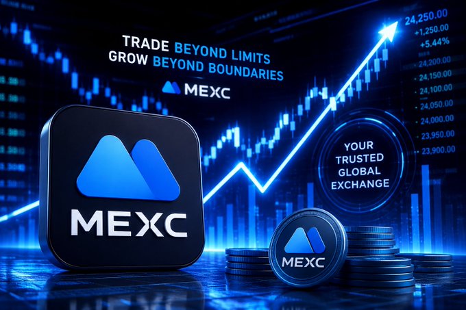 A vibrant blue crypto exchange advertisement for 'MEXC' with the slogan 'TRADE BEYOND LIMITS GROW BEYOND BOUNDARIES' and 'YOUR TRUSTED GLOBAL EXCHANGE,' displayed over a stock chart with an upward trending arrow.