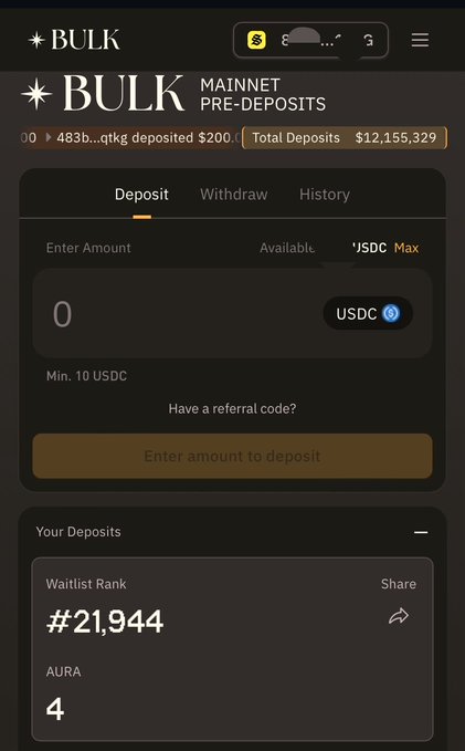The image displays the mainnet pre-deposits page of bulk trade, which features the mainnet depositing $100 in USDC. The post suggests that using Mainnet for depositing money can be a good way to earn points while waiting for it to become available on the network. This is because people often leave their idle funds sitting in wallets and banks, but those who participate in bulk trade can use the deposited funds from others to invest in new projects or companies.