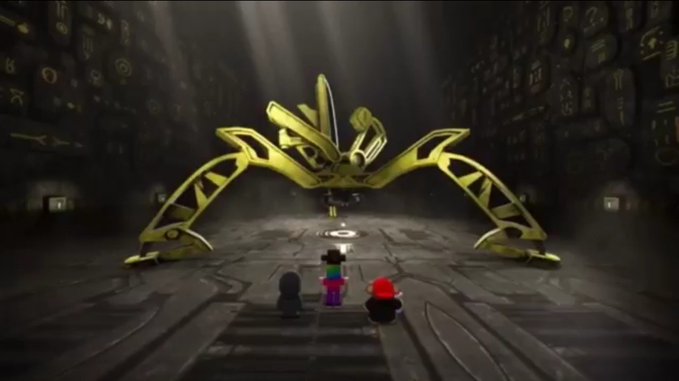 An animated scene showing three small figures standing before a large, glowing golden mechanical structure in a dark, ancient-looking chamber.