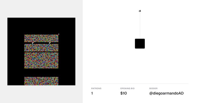 A screenshot showing a digital art auction interface with text reading 'PATRONS 1', 'OPENING BID $10', and 'BIDDER @diegoarmandoAD', alongside a small black square artwork.