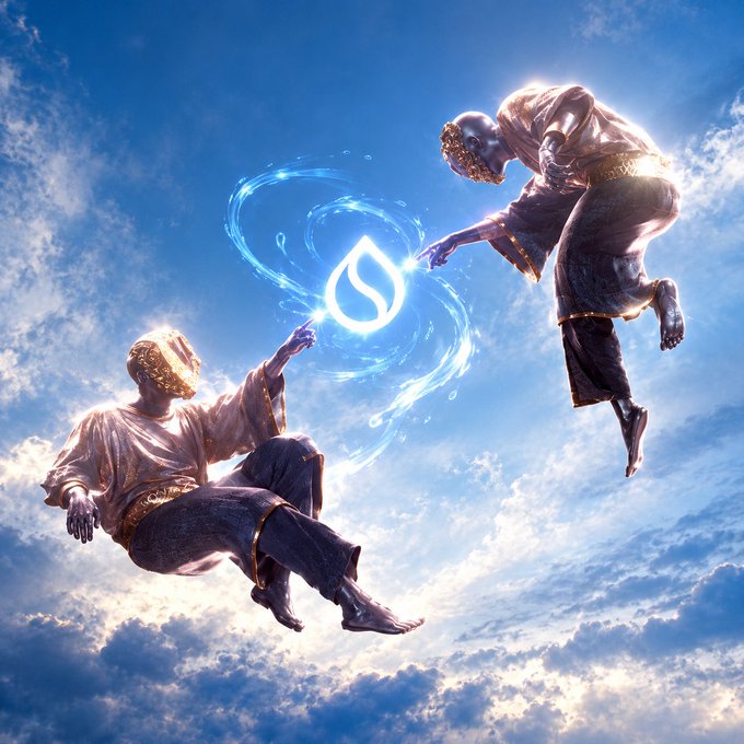 Two metallic humanoid figures float in a cloudy blue sky, reaching toward a glowing water droplet symbol surrounded by swirling blue energy.