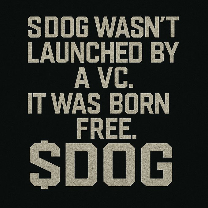A black graphic with white text reading 'SDOG WASN'T LAUNCHED BY A VC. IT WAS BORN FREE. $DOG'.